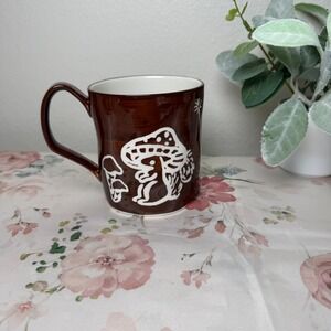 Potters Studio Brown Mushroom Coffee Mug White Toadstool Floral Cottagecore